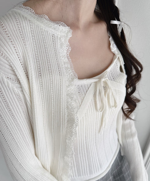 【2点SET】透かし編みリボンキャミ+レーストリムカーディガン | LO2256014 | ホワイト