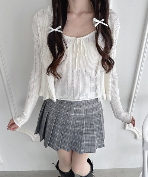 【2点SET】透かし編みリボンキャミ+レーストリムカーディガン | LO2256014 | ホワイト