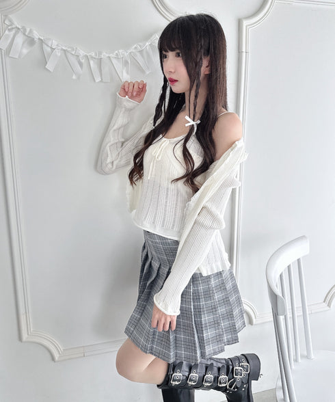 【2点SET】透かし編みリボンキャミ+レーストリムカーディガン | LO2256014 | ホワイト
