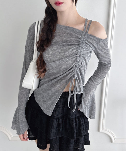 ワンオフショルダーギャザーリボンシアートップス | LO2256015 | グレー