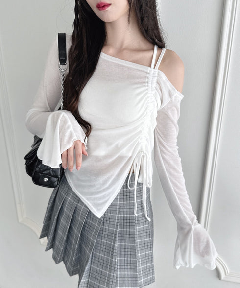 ワンオフショルダーギャザーリボンシアートップス | LO2256015 | ホワイト