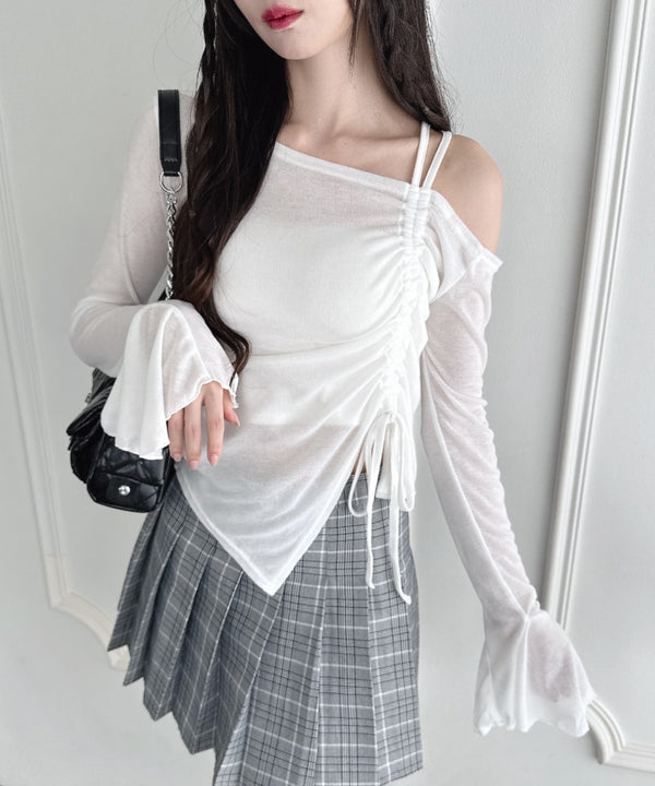 ワンオフショルダーギャザーリボンシアートップス | LO2256015 | ホワイト