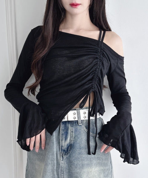 ワンオフショルダーギャザーリボンシアートップス | LO2256015 | ブラック