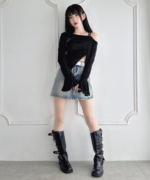 ワンオフショルダーギャザーリボンシアートップス | LO2256015 | ブラック