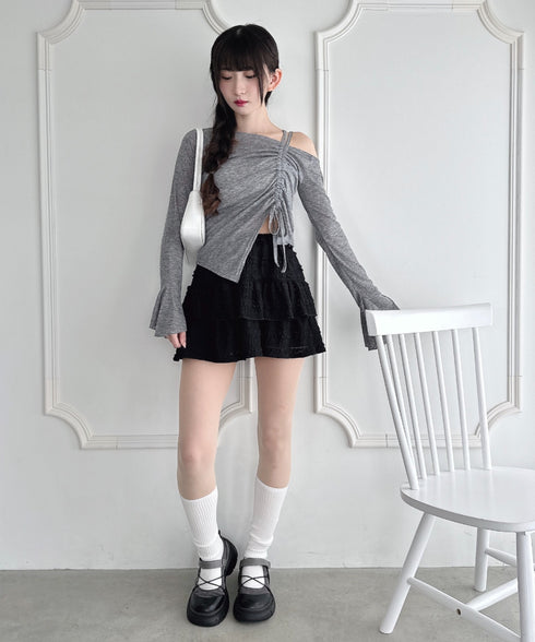 ワンオフショルダーギャザーリボンシアートップス | LO2256015 | グレー