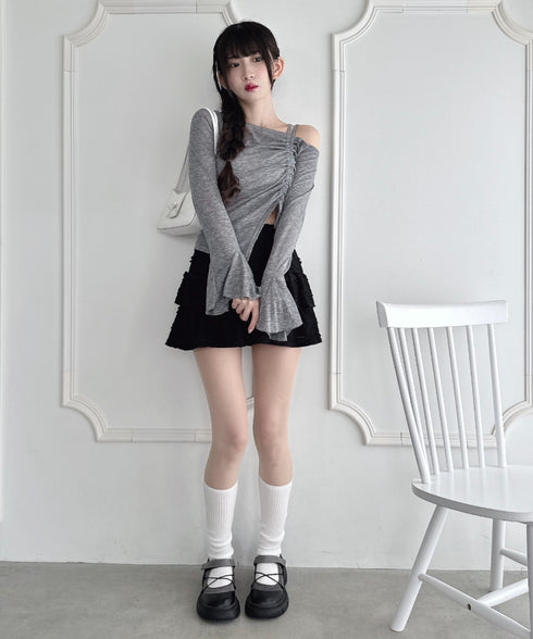 ワンオフショルダーギャザーリボンシアートップス | LO2256015 | グレー