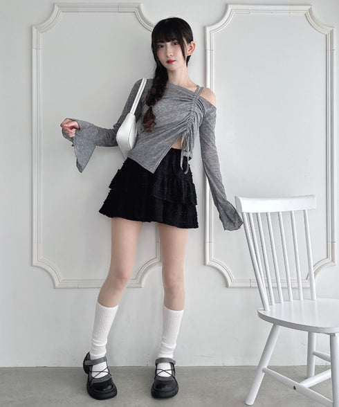 ワンオフショルダーギャザーリボンシアートップス | LO2256015 | グレー