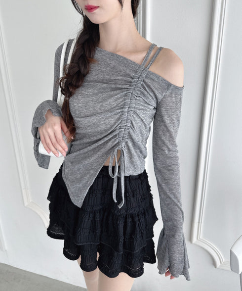 ワンオフショルダーギャザーリボンシアートップス | LO2256015 | グレー