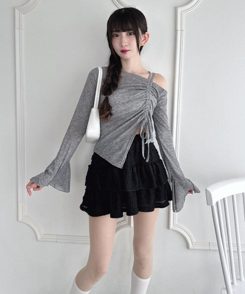 ワンオフショルダーギャザーリボンシアートップス | LO2256015 | グレー