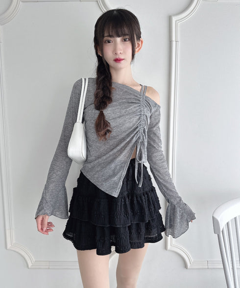 ワンオフショルダーギャザーリボンシアートップス | LO2256015 | グレー