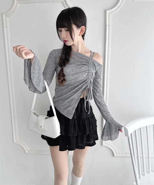 ワンオフショルダーギャザーリボンシアートップス | LO2256015 | グレー