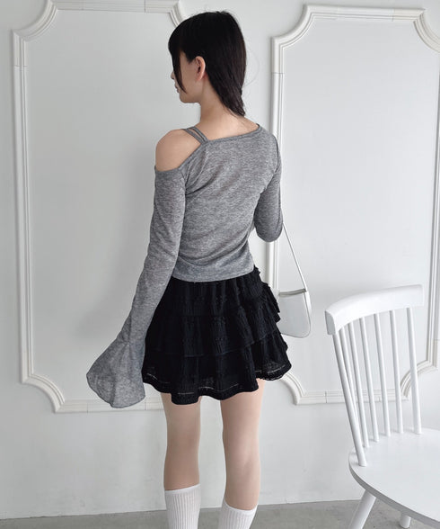 ワンオフショルダーギャザーリボンシアートップス | LO2256015 | グレー