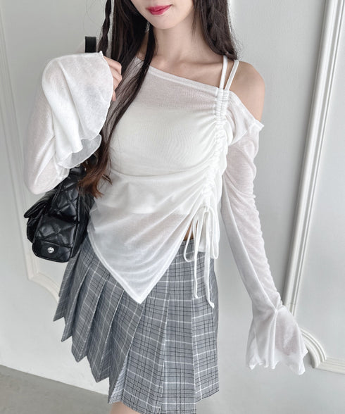 ワンオフショルダーギャザーリボンシアートップス | LO2256015 | ホワイト