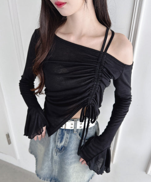 ワンオフショルダーギャザーリボンシアートップス | LO2256015 | ブラック