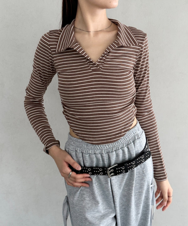 サイドギャザーボーダーコンパクトトップス | BA2253005 | ブラウン