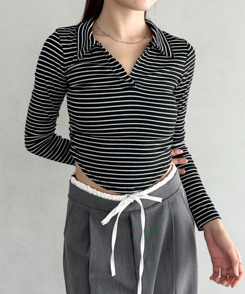 サイドギャザーボーダーコンパクトトップス | BA2253005 | ブラック