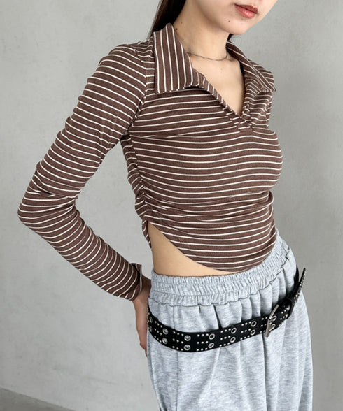 サイドギャザーボーダーコンパクトトップス | BA2253005 | ブラウン