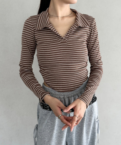 サイドギャザーボーダーコンパクトトップス | BA2253005 | ブラウン