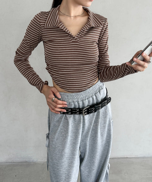 サイドギャザーボーダーコンパクトトップス | BA2253005 | ブラウン