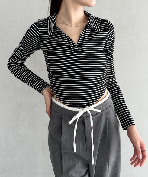 サイドギャザーボーダーコンパクトトップス | BA2253005 | ブラック