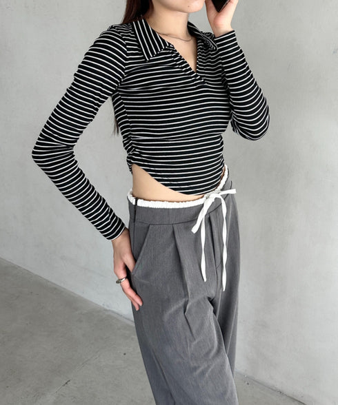 サイドギャザーボーダーコンパクトトップス | BA2253005 | ブラック