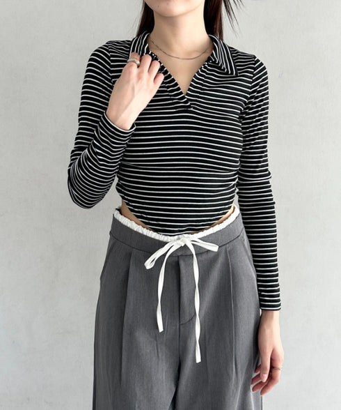 サイドギャザーボーダーコンパクトトップス | BA2253005 | ブラック