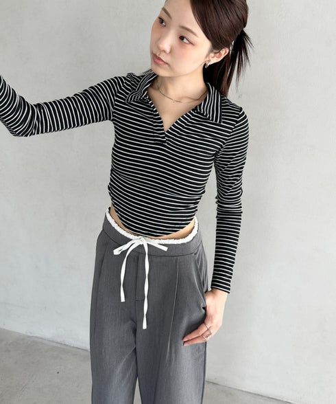 サイドギャザーボーダーコンパクトトップス | BA2253005 | ブラック