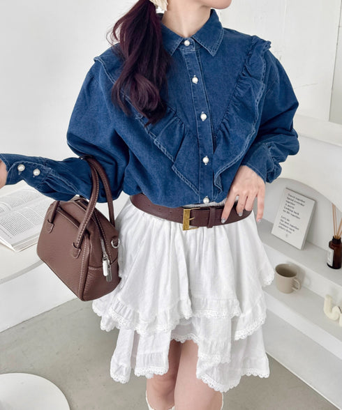 パールボタンフリルデニムシャツ | SL2256048 | ブルー