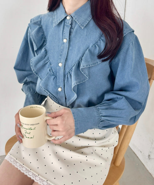パールボタンフリルデニムシャツ | SL2256048 | ライトブルー