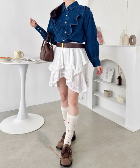 パールボタンフリルデニムシャツ | SL2256048 | ブルー