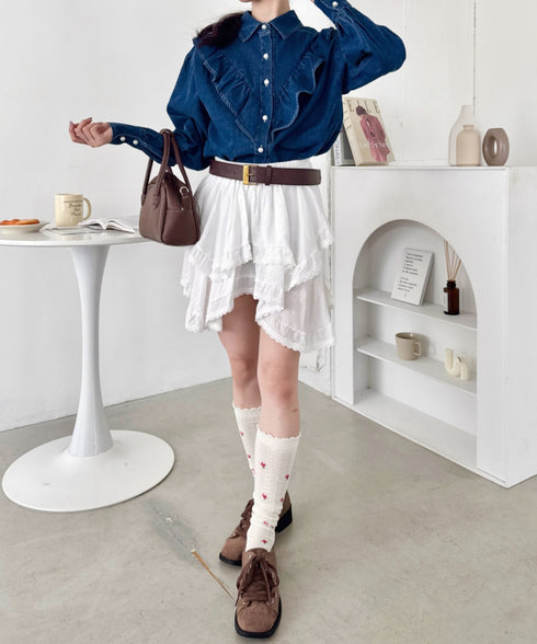 パールボタンフリルデニムシャツ | SL2256048 | ブルー