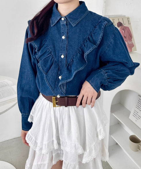 パールボタンフリルデニムシャツ | SL2256048 | ブルー