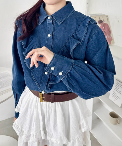 パールボタンフリルデニムシャツ | SL2256048 | ブルー