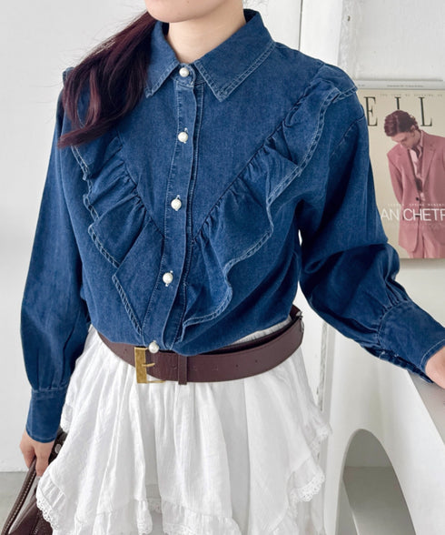 パールボタンフリルデニムシャツ | SL2256048 | ブルー
