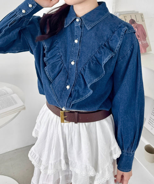 パールボタンフリルデニムシャツ | SL2256048 | ブルー