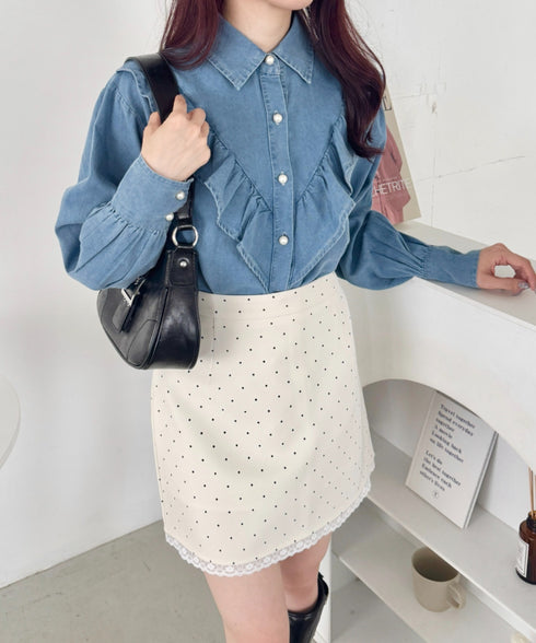 パールボタンフリルデニムシャツ | SL2256048 | ライトブルー