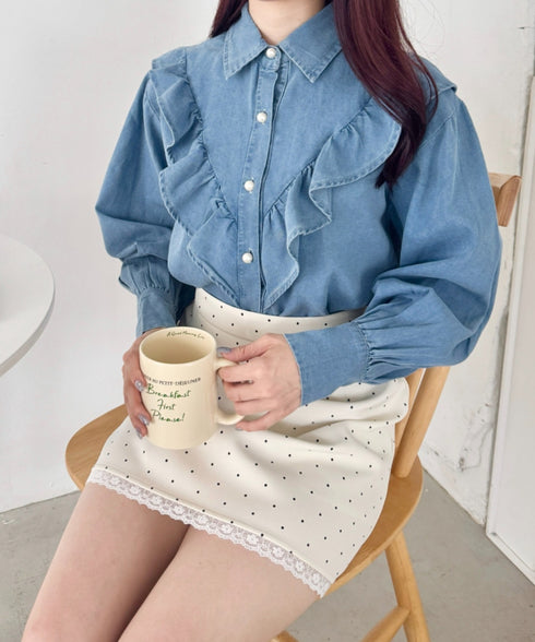 パールボタンフリルデニムシャツ | SL2256048 | ライトブルー