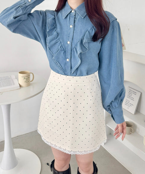 パールボタンフリルデニムシャツ | SL2256048 | ライトブルー