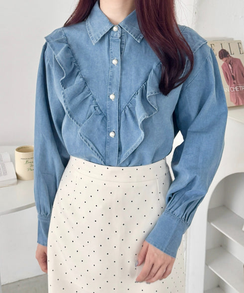 パールボタンフリルデニムシャツ | SL2256048 | ライトブルー