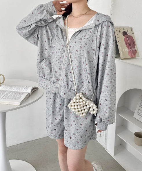 【セットアップ】小花柄ワッフルパーカー+ショートパンツ | SL2253014 | グレー