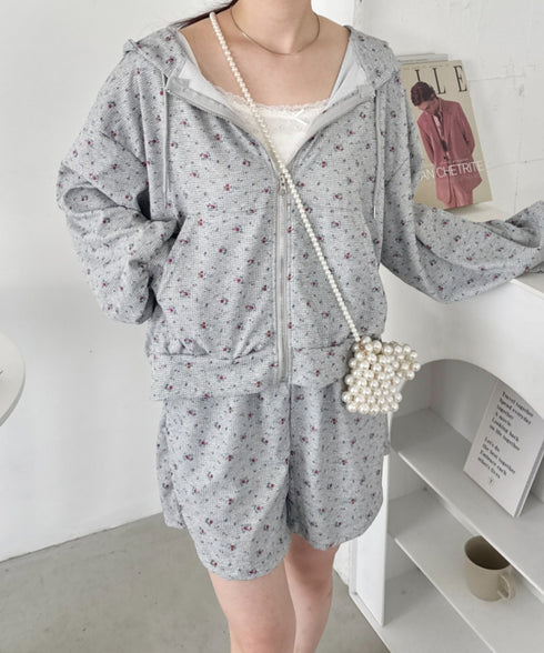 【セットアップ】小花柄ワッフルパーカー+ショートパンツ | SL2253014 | グレー