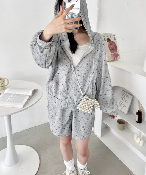 【セットアップ】小花柄ワッフルパーカー+ショートパンツ | SL2253014 | グレー