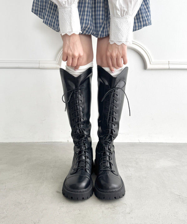 バックファスナーレースアップロングブーツ | LO3256019 | ブラック