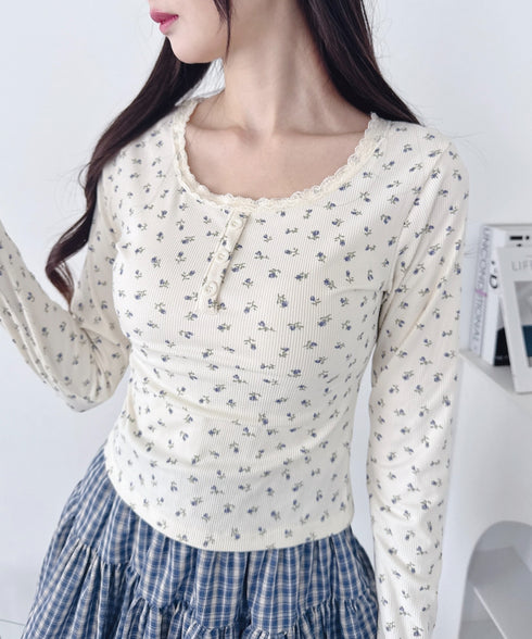 ヘンリーネック小花柄レーストリムトップス | LO2256022 | アイボリー