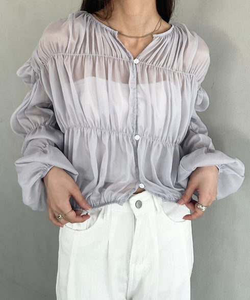 フリルシャーリングシフォンショートブラウス | MD2253016 | グレー