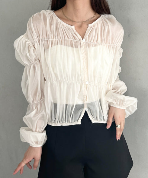 フリルシャーリングシフォンショートブラウス | MD2253016 | アイボリー