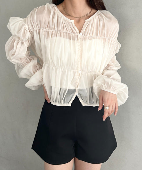 フリルシャーリングシフォンショートブラウス | MD2253016 | アイボリー