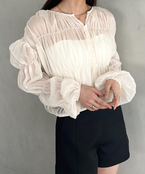 フリルシャーリングシフォンショートブラウス | MD2253016 | アイボリー