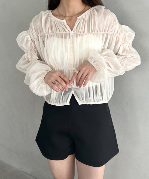 フリルシャーリングシフォンショートブラウス | MD2253016 | アイボリー