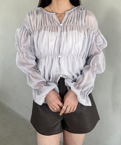フリルシャーリングシフォンショートブラウス | MD2253016 | グレー